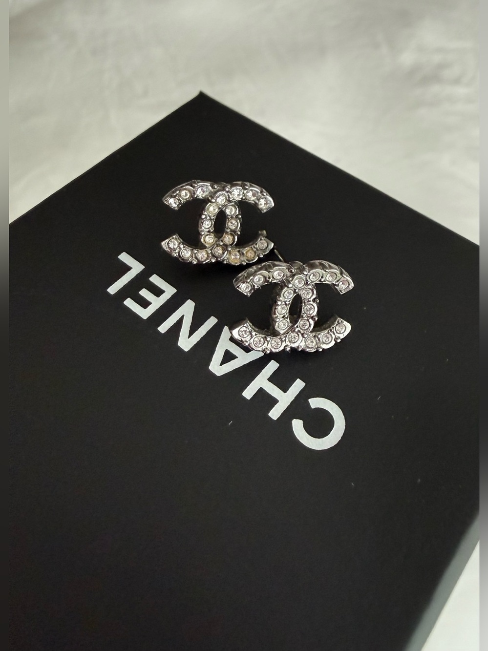 CHANEL Classic CC Ruthenium Crystal Stud Earrings